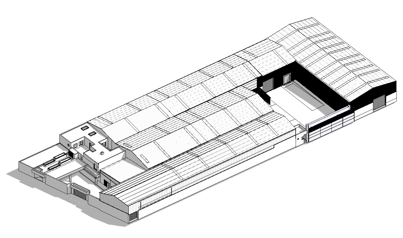 Vista 3D en Revit del modelo arquitectónico de Plásticos Arcoíris Montemorelos